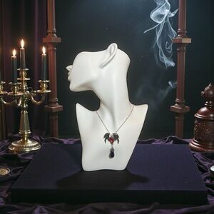 Vintage Goth Style Wings & Stone Pendant Necklace